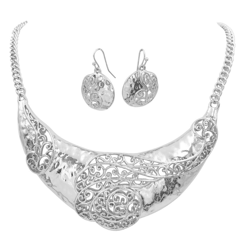 Classic Swirl Silver Bib Necklace Earrings Set